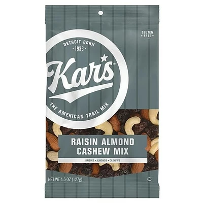 Promo 🤩 Dried Fruit, Nuts & Trail Mix Kar's Fresh Harvest Raisin Almond Cashew, 4.5 Oz., 12/Carton 🧨 3 Promo 🤩 Dried Fruit, Nuts & Trail Mix Kar's Fresh Harvest Raisin Almond Cashew, 4.5 Oz., 12/Carton 🧨